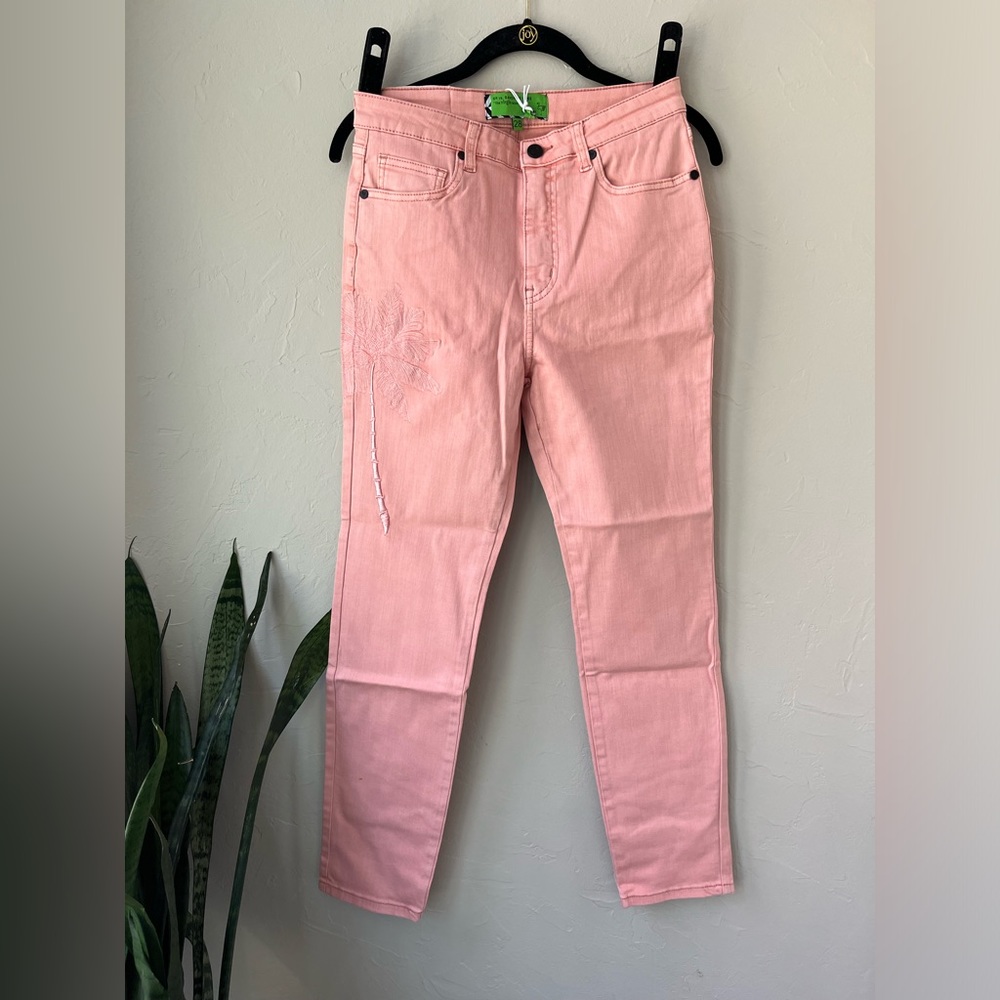 🌸SANDRINE ROSE X FREE PEOPLE PALM TREE EMBROIDERED SKINNY JEANS PETAL PINK 28